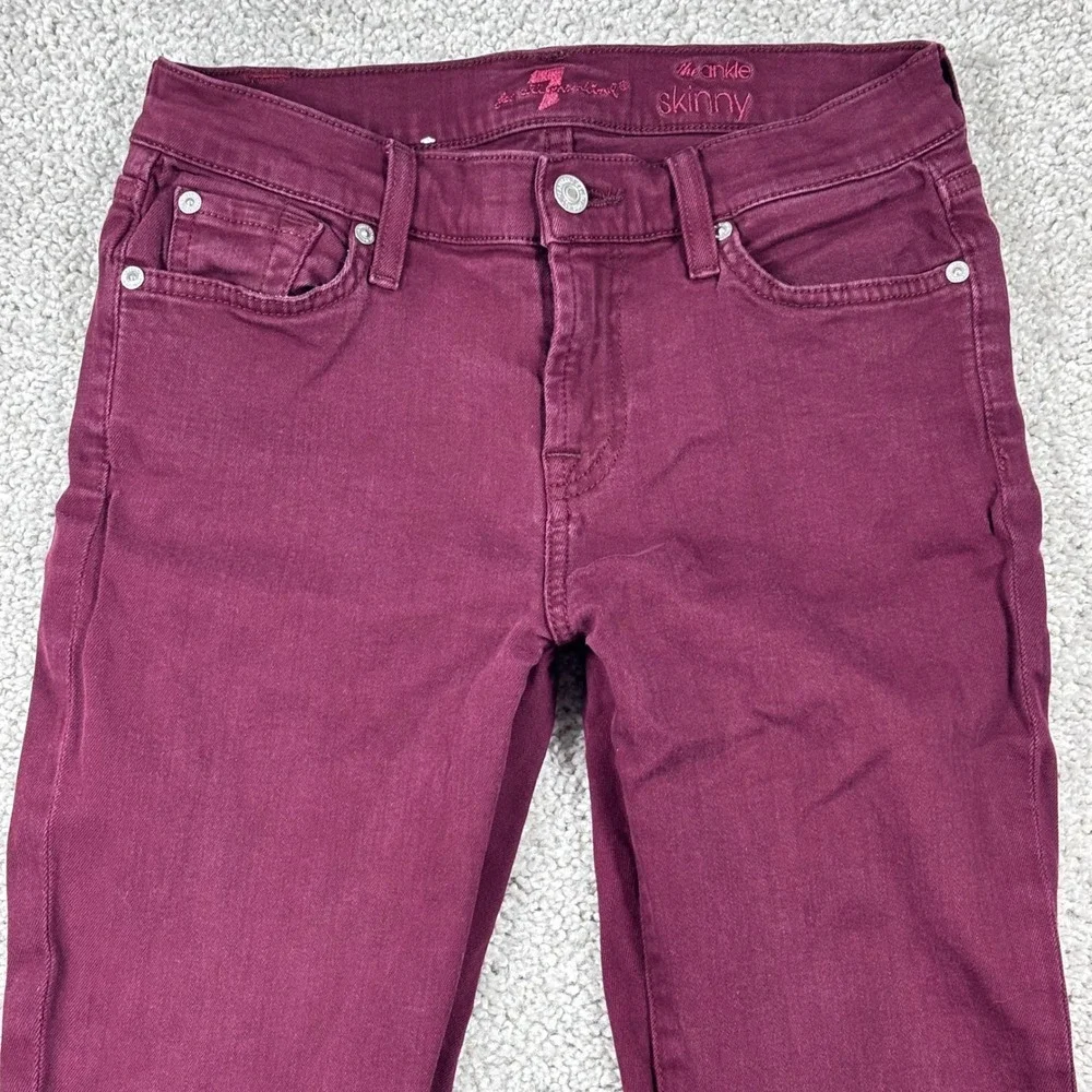 7 For All‎ Mankind The Ankle Skinny Jeans Maroon Burgundy Raw Hem Size 26 Womens